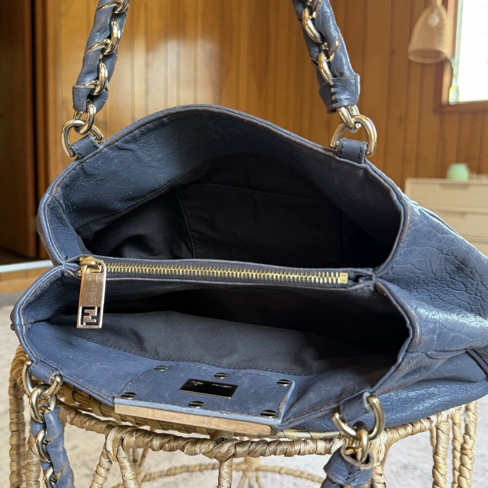 FENDI Crinkled Lambskin Mia Tote Blue Gray Leather Shoulder Handbag Authentic - Picture 14 of 16